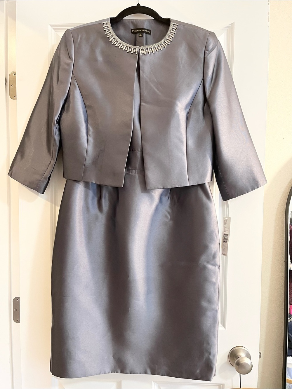 NWT Preston & York Silver-Gray Satin Two-Piece Formal Dress & Cropped Jacket